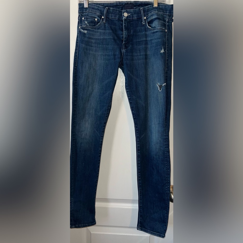 MOTHER The Looker Dark Graffiti Skinny Jeans Size 29 Blue Distressed Denim